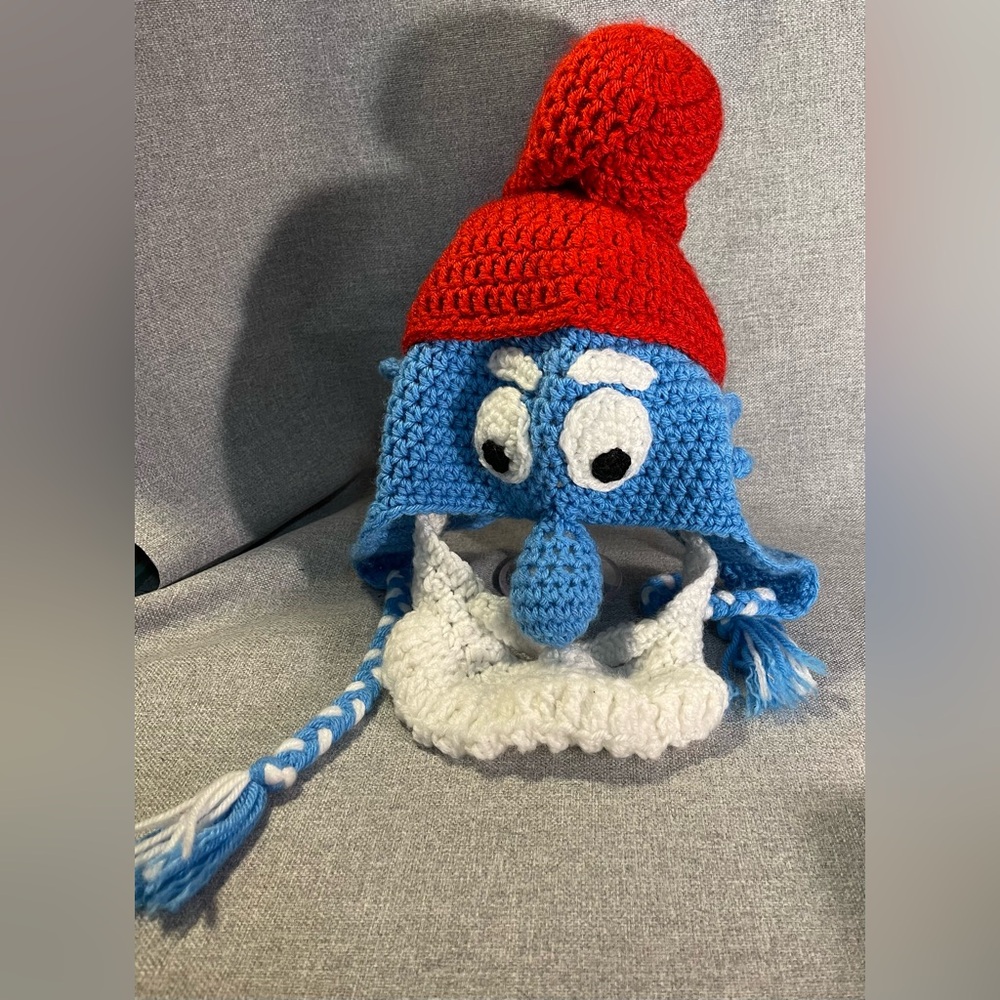 Hand Made Papa Smurf Knitted Crocheted Hat with Beard